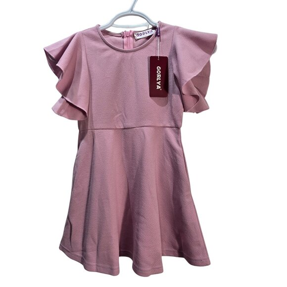 NWT Girl's Rose Pink Textured Knit Tiered Flutter Sleeve Ruffle A-Line Dress 4T - Picture 1 of 5